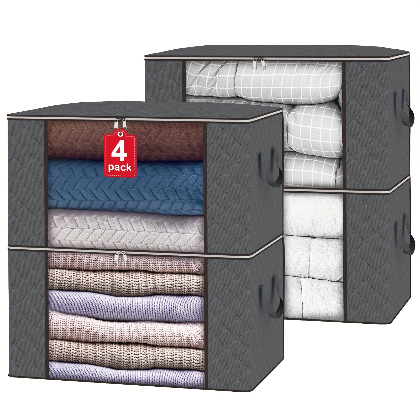 

4 Pcs 90l Blanket Storage Bags With Zipper, Foldable Comforter Bag, Quick Viewing What Are Stored Inside The Container, Large Organizers For Blankets, Pillow, Quilts, Linen, Sturdy Grey