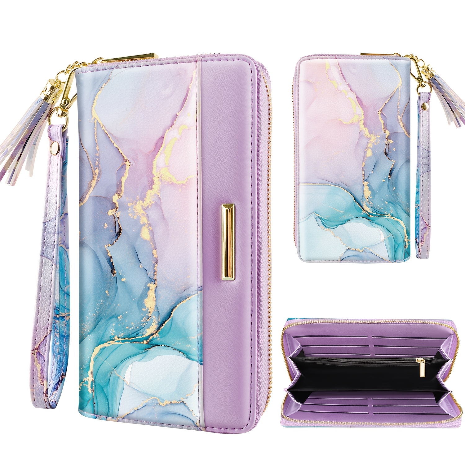 Image of Women's Golden Gradient Marble Print Clutch Wallet, Faux Leather Wallet With Credit Card Slots, Long Wallet With Zipper Closure, Women's Phone Wallet With Tassel Wristlet