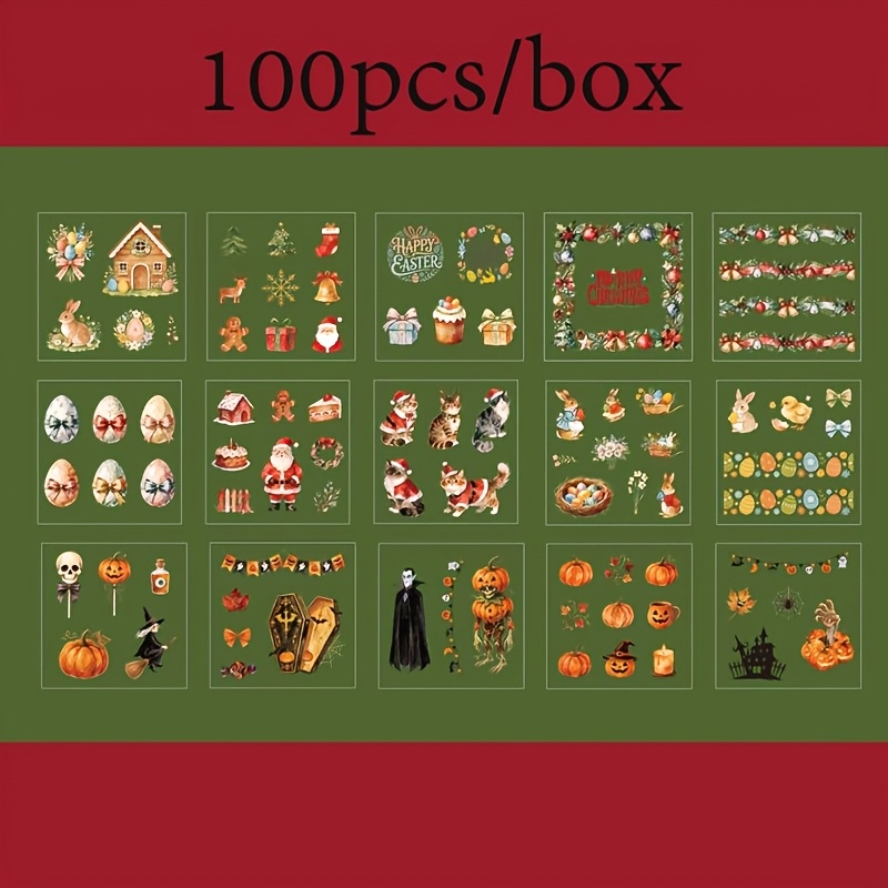 TEMU 100 Feuilles/Boîte, Boîte d'Autocollants Thème Fête, Ensemble d'Autocollants Artisanaux, Cadeau d'Halloween, Couleurs Vibrantes et Illustrations