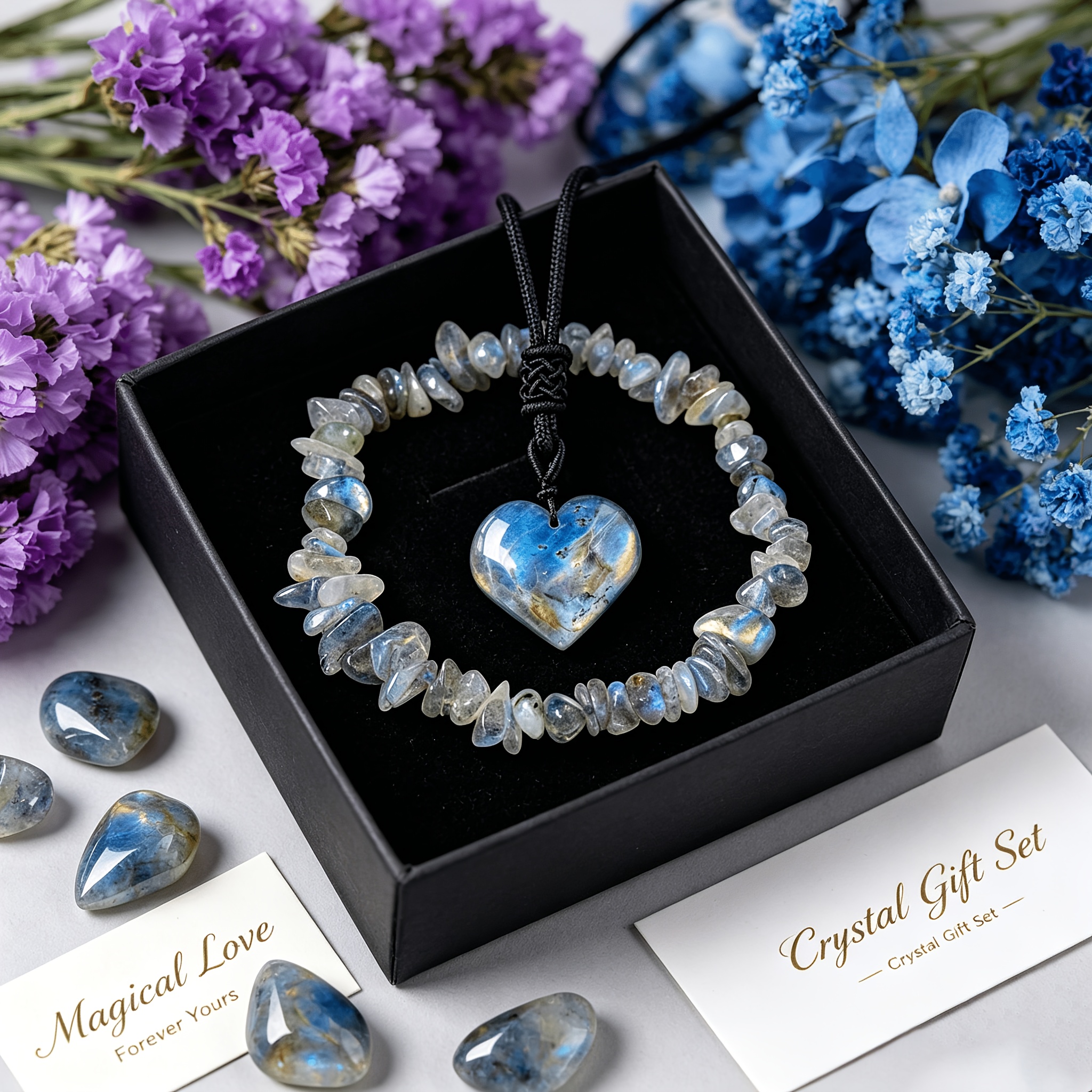 Natural Labradorite Heart Pendant & Chip Bracelet Set, Luxury Gift