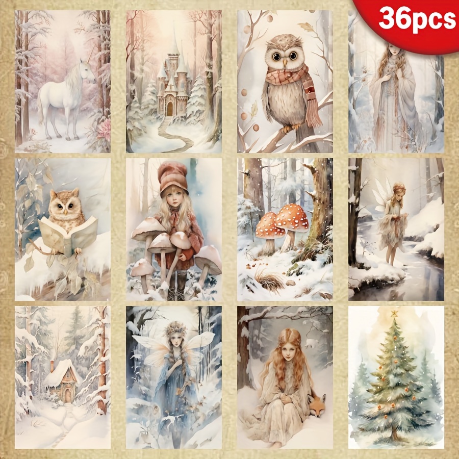TEMU 36 Feuilles de Papier pour A5 Hiver - Forêt Enneigée Envoûtante, Chouettes et de pour Loisirs Créatifs, Cartes Manuelles, Journaux à Bullets &
