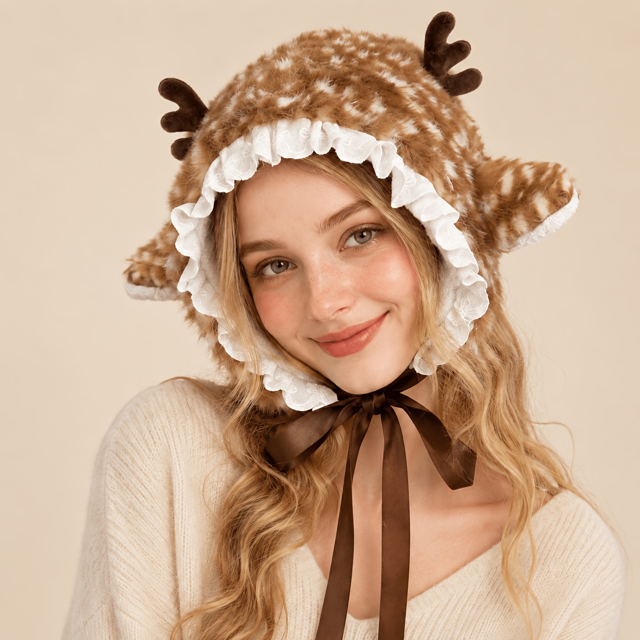 TEMU 1pc Forest-style Plush Simulation Cute Lace Splicing Elk 3d Antlers Ears Autumn And Winter Thickened Warm Earmuffs