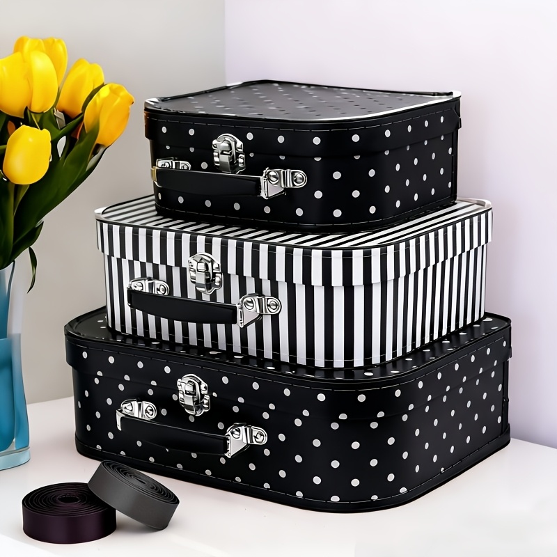 TEMU 3pcs Vintage Polka Cardboard Suitcase Set (with Lid And Ribbons) Ideal For Souvenir Display, Party Gifts, Photo & Accessory Storage Perfect For