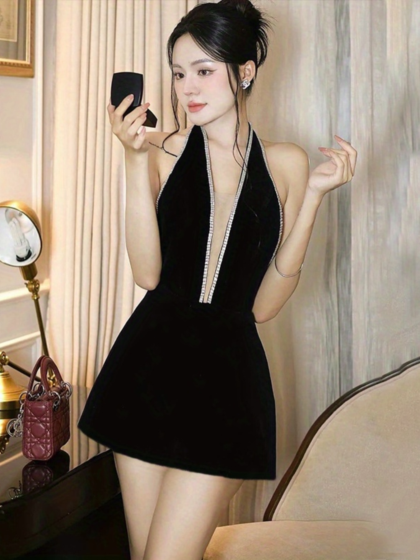 black dress captions Black Velvet Square Neck Bodycon Dress main image 0