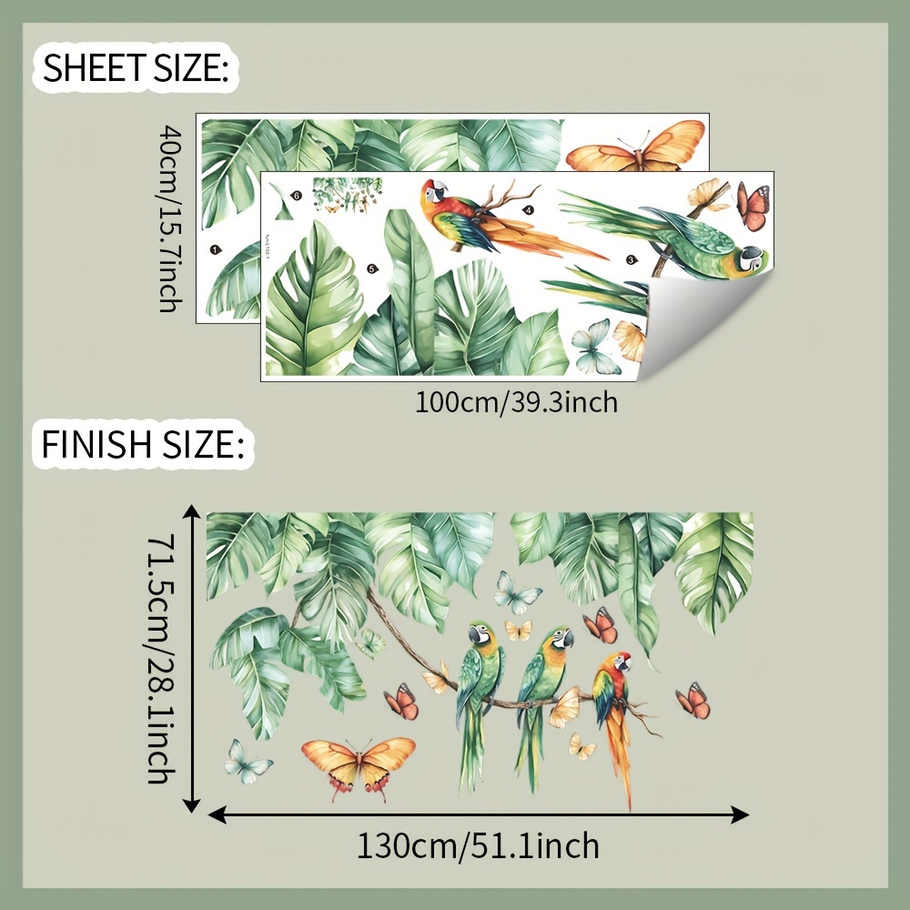 Image of 1 Set (2pcs), Wall Stickers, Green Leaves Parrot Branches, Used For Living Room, Bedroom, Home Wall Decoration Wall Stickers, 15.7*39.3inch*2pcs