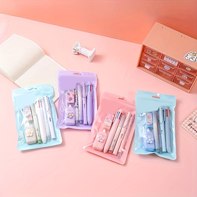 

7-piece Cute Stationery Set, High Aesthetic Value Student Opening And Graduation Gift, Plastic Writing Instruments With Ruler, Eraser, And Pens - Blue