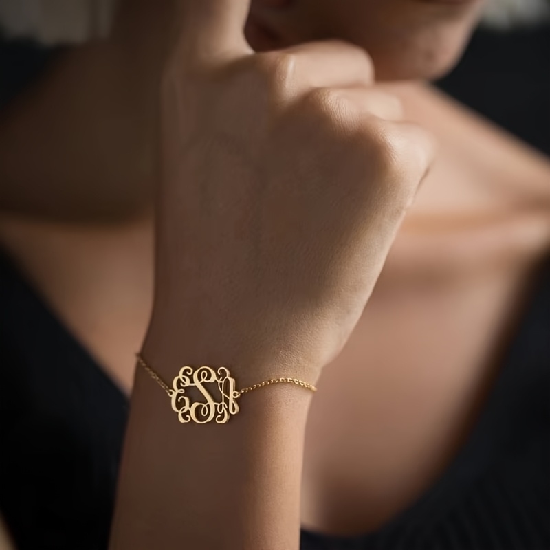 

Customizable Monogram Bracelet For Women, Personalized Fashion Wrist Jewelry, Simple 18k Golden Plated Stainless Steel, Daily Casual Wear, No Mosaic Material, Ideal For All