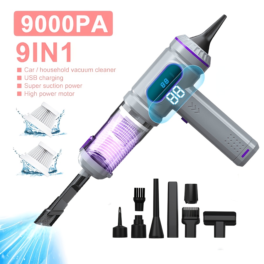 TEMU Aspirateur de voiture portable 9000Pa, aspiration puissante avec soufflage et aspiration intégrés, indicateur lumineux de puissance LED, moteur