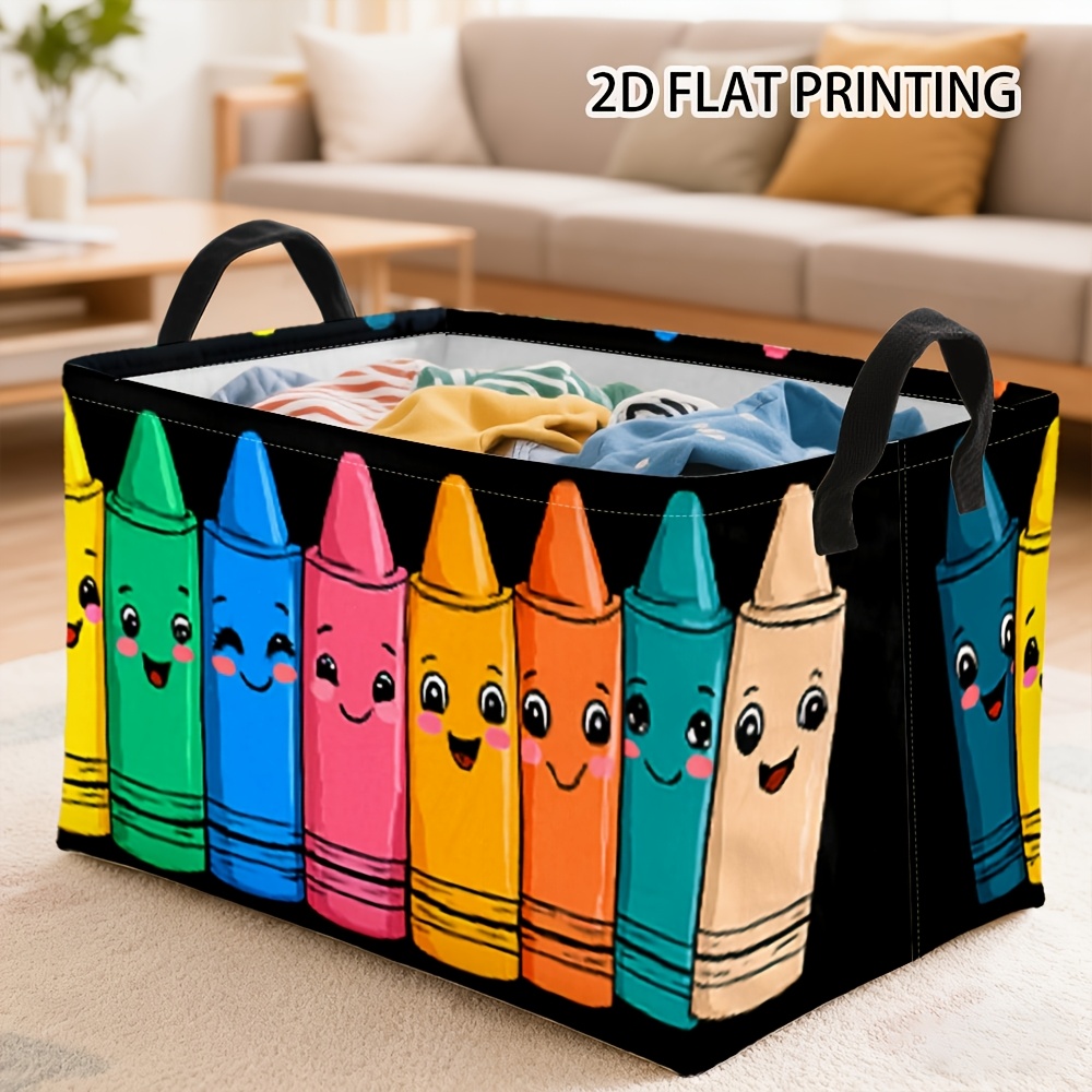 TEMU 1pc Open Storage Bins Cartoon Colorful Crayon Print Rectangular Laundry Baskets, Cute Smiling Crayon Pattern Collapsible Fabric Shelf Baskets