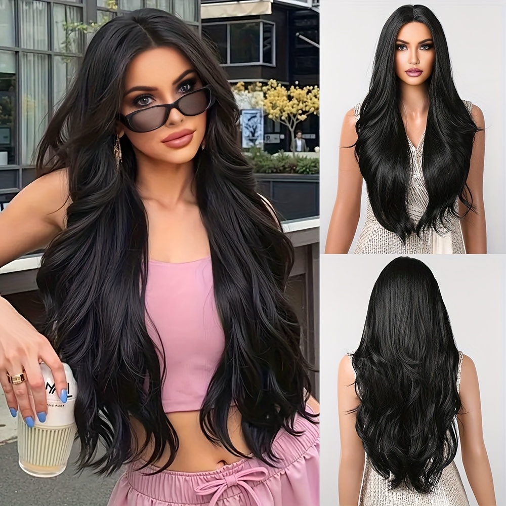 TEMU 66.04cm Elegant Black Long Wavy Synthetic Wig For Women - Natural Middle Part Hairline Lace Hair Wigs, High-density Synthetic Hair, Perfect For