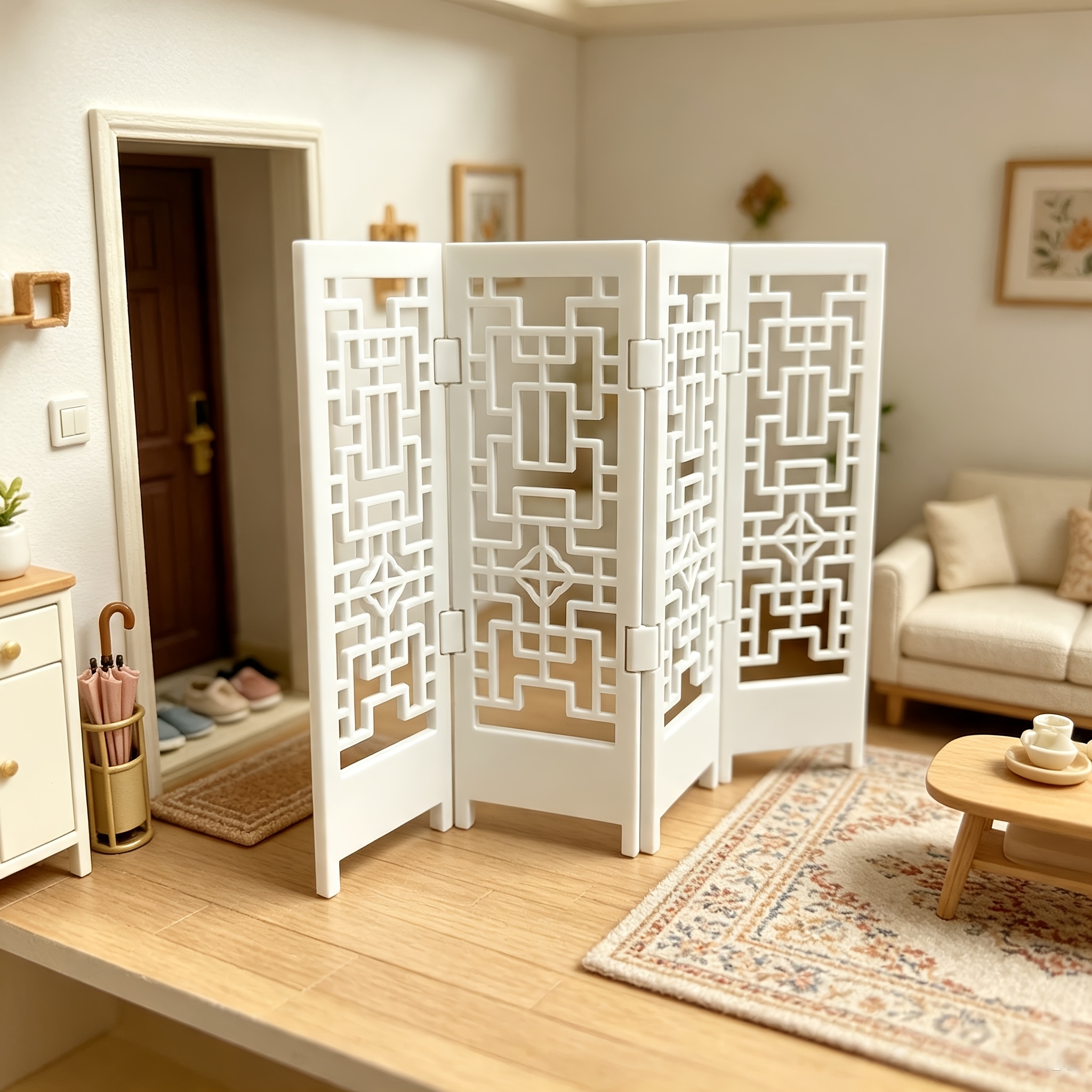 TEMU 1pc, Miniature White Hollow Folding Screen, 1/12 Dollhouse Entrance Living Room Bedroom Partition Decorative Prop