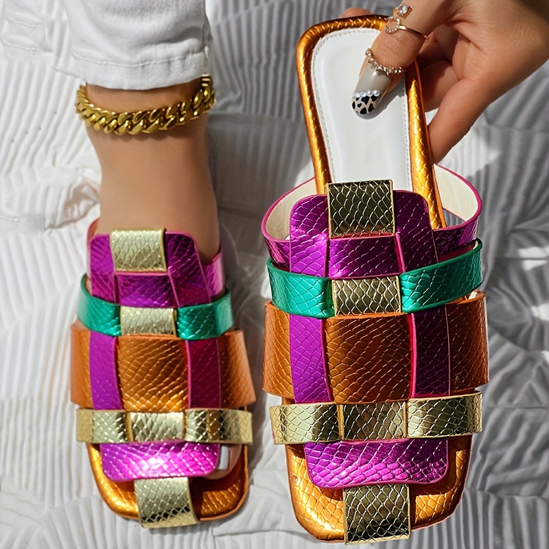 

Women's Colorful Woven Slide Sandals, Flat Summer Slides With Textured Straps, Casual Square Toe Footwear For Beach And Outdoor Use