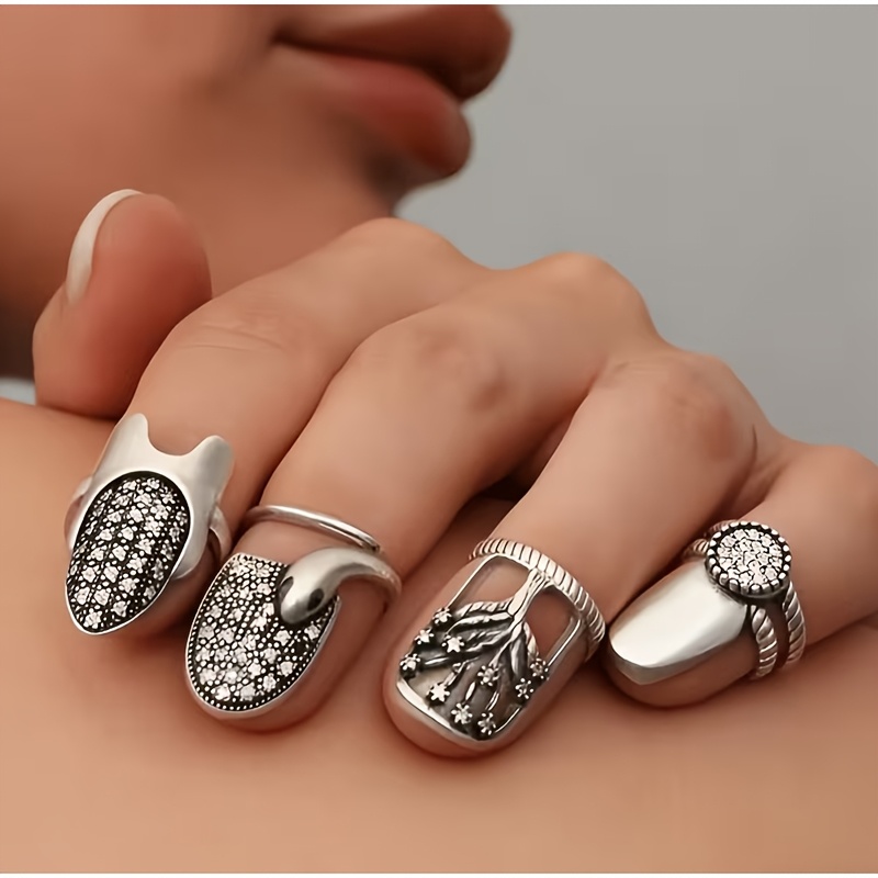 TEMU 4-pack Bohemian Vintage Nail Rings, Adjustable , Fits All, Daily Party Nail Art Decoration, Valentine's Day Gift