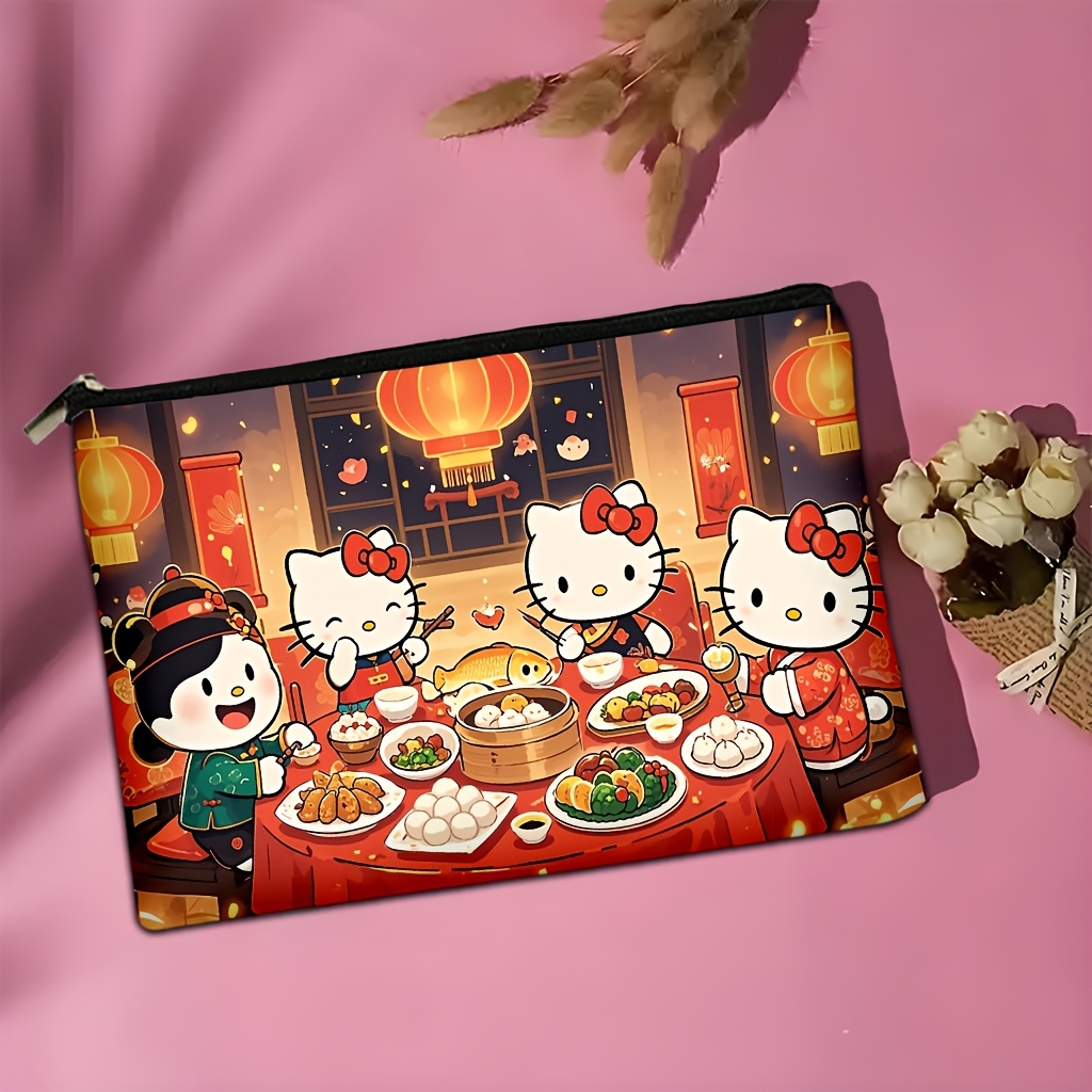 

1pc Hello Kitty Large Capacity Cosmetic Bag, Polyester Lined, Print, Non-leak, , Multi-functional, For Skincare & , Ideal Gift For Holidays