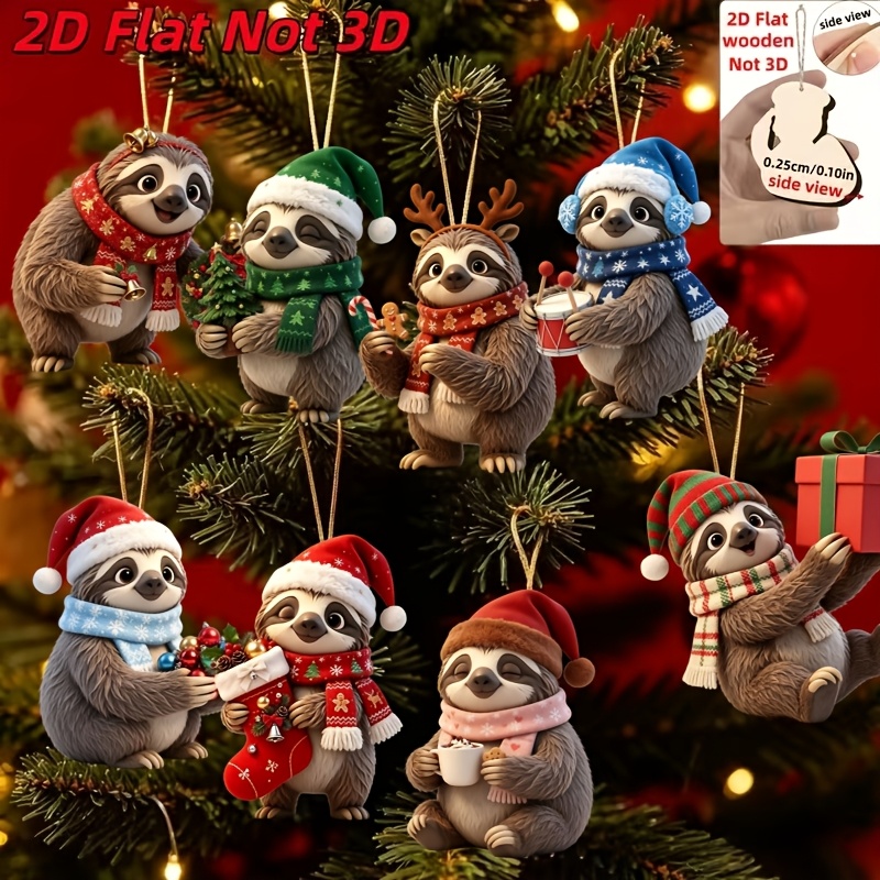 TEMU 2d Flat, 8pcs Christmas Sloth Series Figure Design Pattern, Wooden Hanging Ornaments, Handmade Wooden Hanging Decor Set - Gift Decoration For