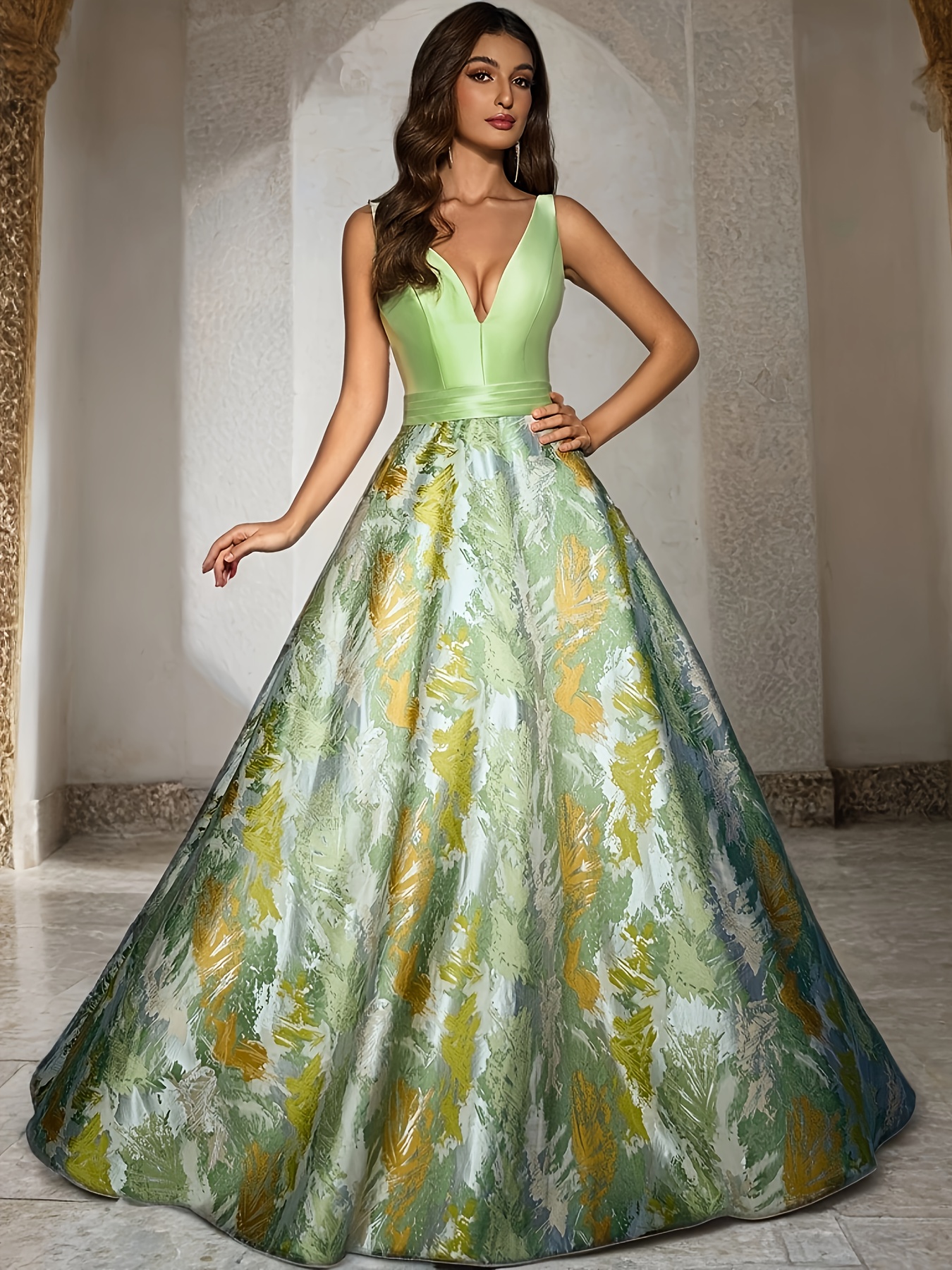 Elegant V-Neck Print Jacquard Evening Gown - -Line Long Dress with Zipper  Back, Formal Wedding Gala Dress