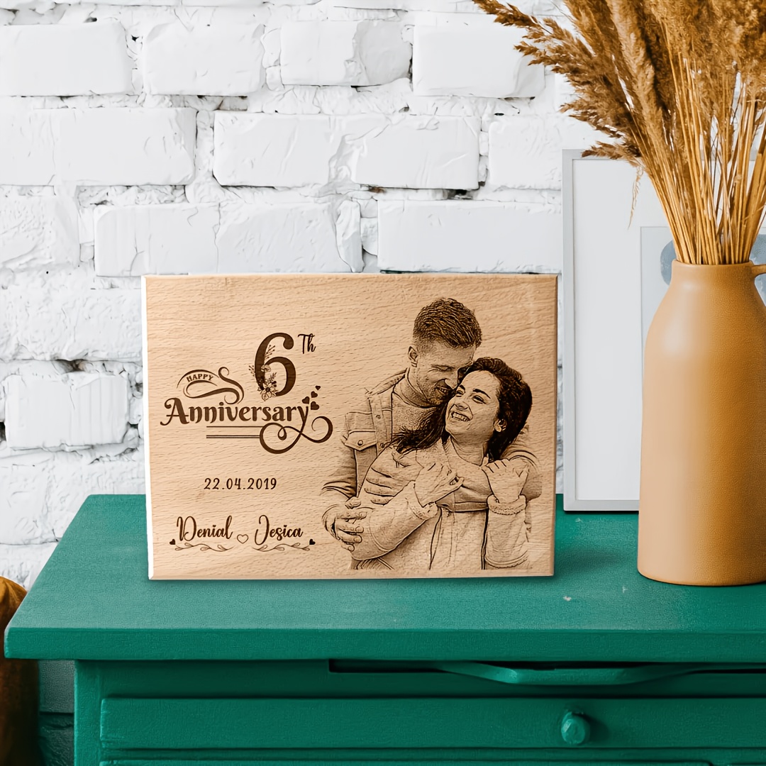 TEMU Personalized Wooden Laser Engraved Photo Ornament Elegant Cursive Font Couple Anniversary Gift Romantic Wedding Anniversary Gift Home Wall