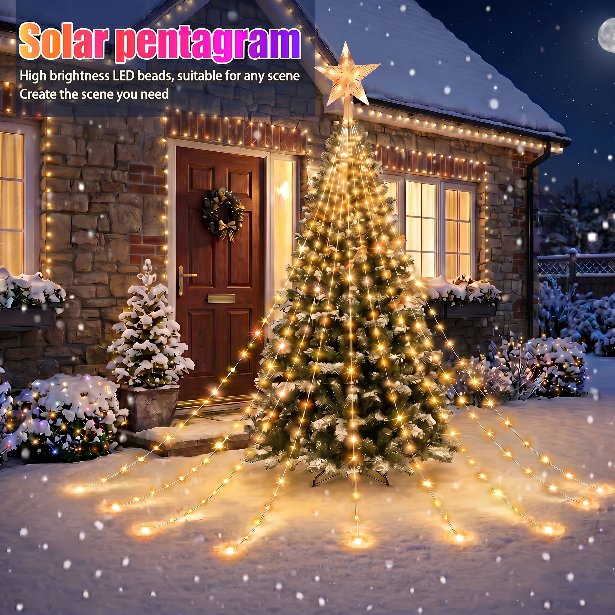 TEMU 1pc Outdoor Solar Pentagram, 8 Lighting , Outdoor Christmas Decoration Scenery, Solar Waterfall Light, Intelligent Light String, 198cm/298cm
