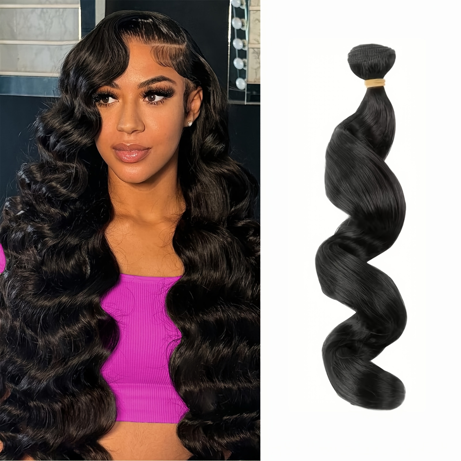 TEMU Loose Wave Hair Bundles High Temperature Synthetic Fiber Hair Weave Extensions For Women Black Color