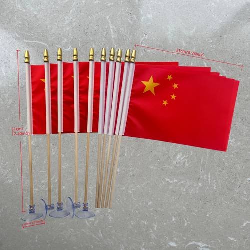 a set chinese handheld flags including 10pcs wooden poles and 5pcs cross hole transparent pvc plastic suction cups 14 made of polyester office home car wall decor party and festival celebrations