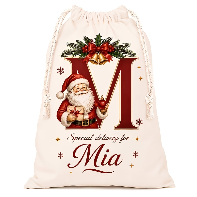 TEMU Personalized Christmas Gift Sack, Custom Name And A-z Initial Canvas Drawstring Bag, Holiday Reusable Gift Bag For Christmas Party And Gift