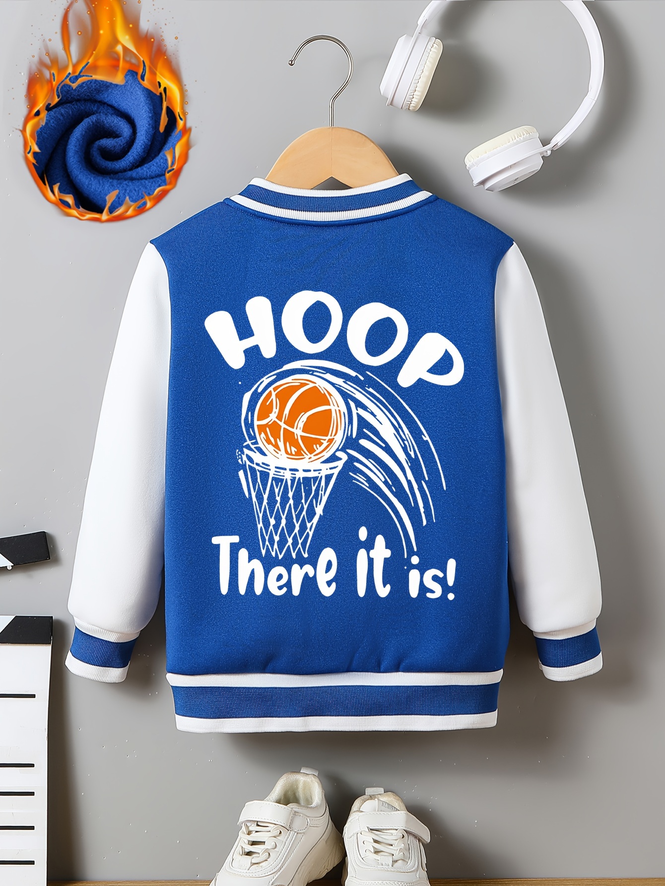 Hoop Basketball Graphic Print, Baby Boys Contrast Color Button Long Sleeve  Warm Baseball Jacket Coat, Casual Comfortable For Spring Autumn And Winter