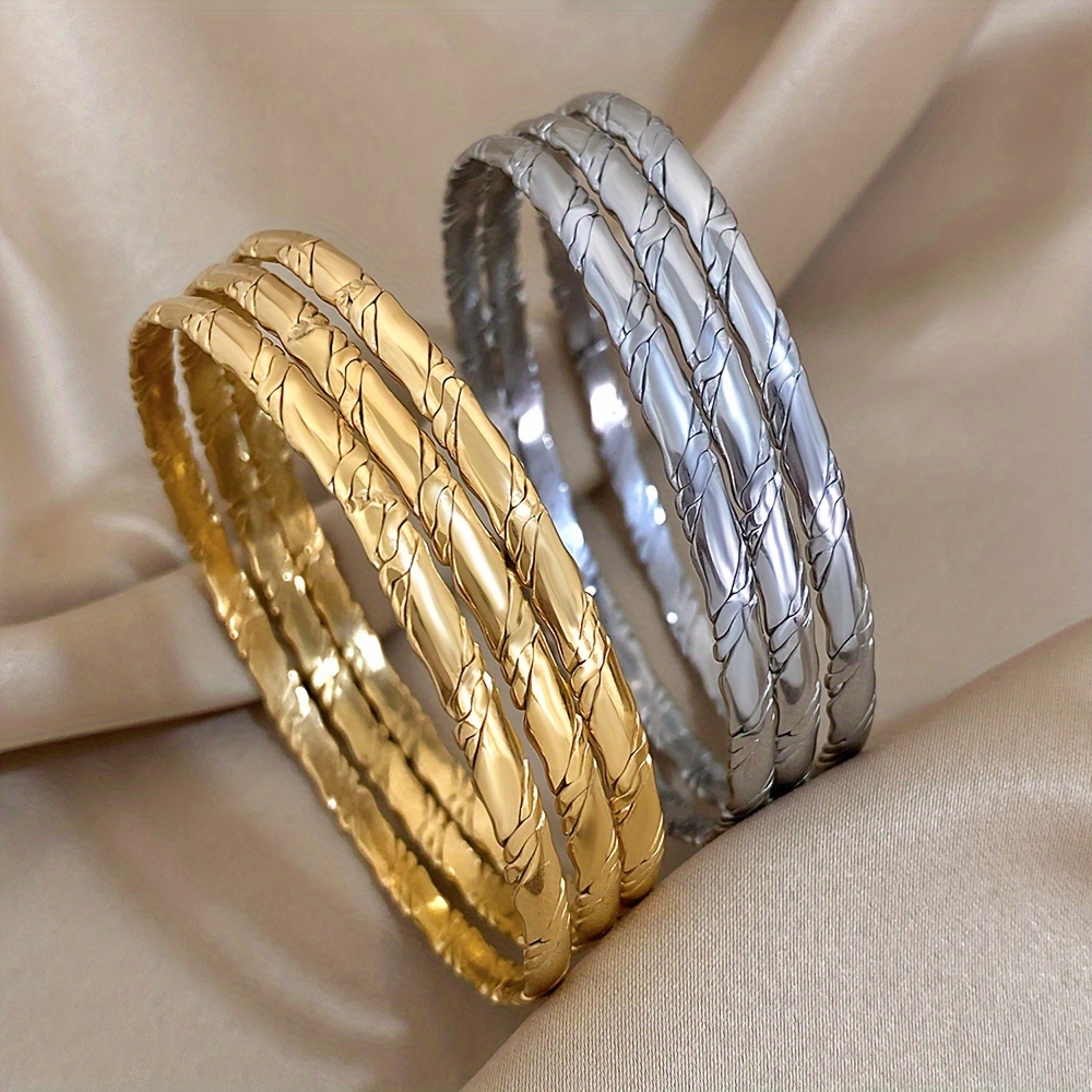 

3pcs Set Stainless Bangle Bracelets - Classic Textured Design For Men & Women, Perfect For Parties & Casual Attire