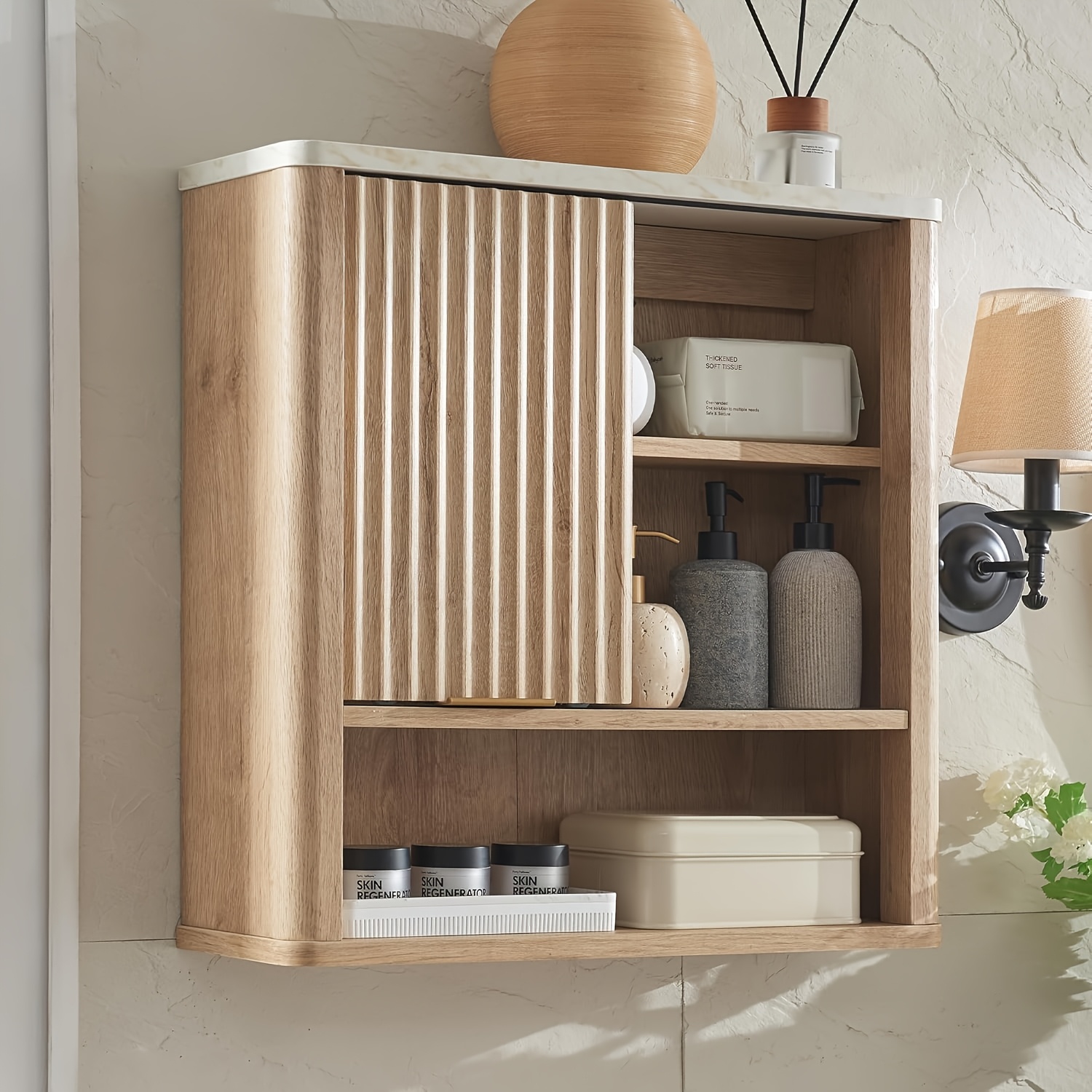 Wall Mounted Bathroom Cabinet, Sliding Door, Marble Look, Adjustable Shelf & Open Compartment