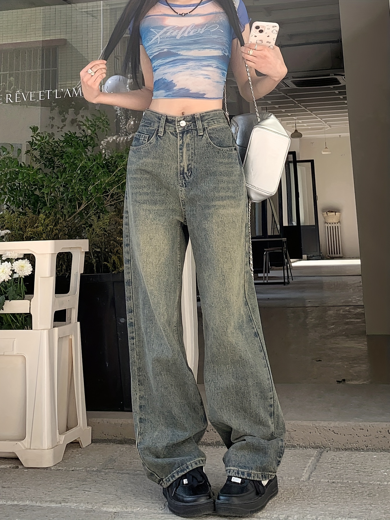 Jeans retro de suelto de cintura estilo vintage, pantalones casuales de  para mujer, moda retro para otoño