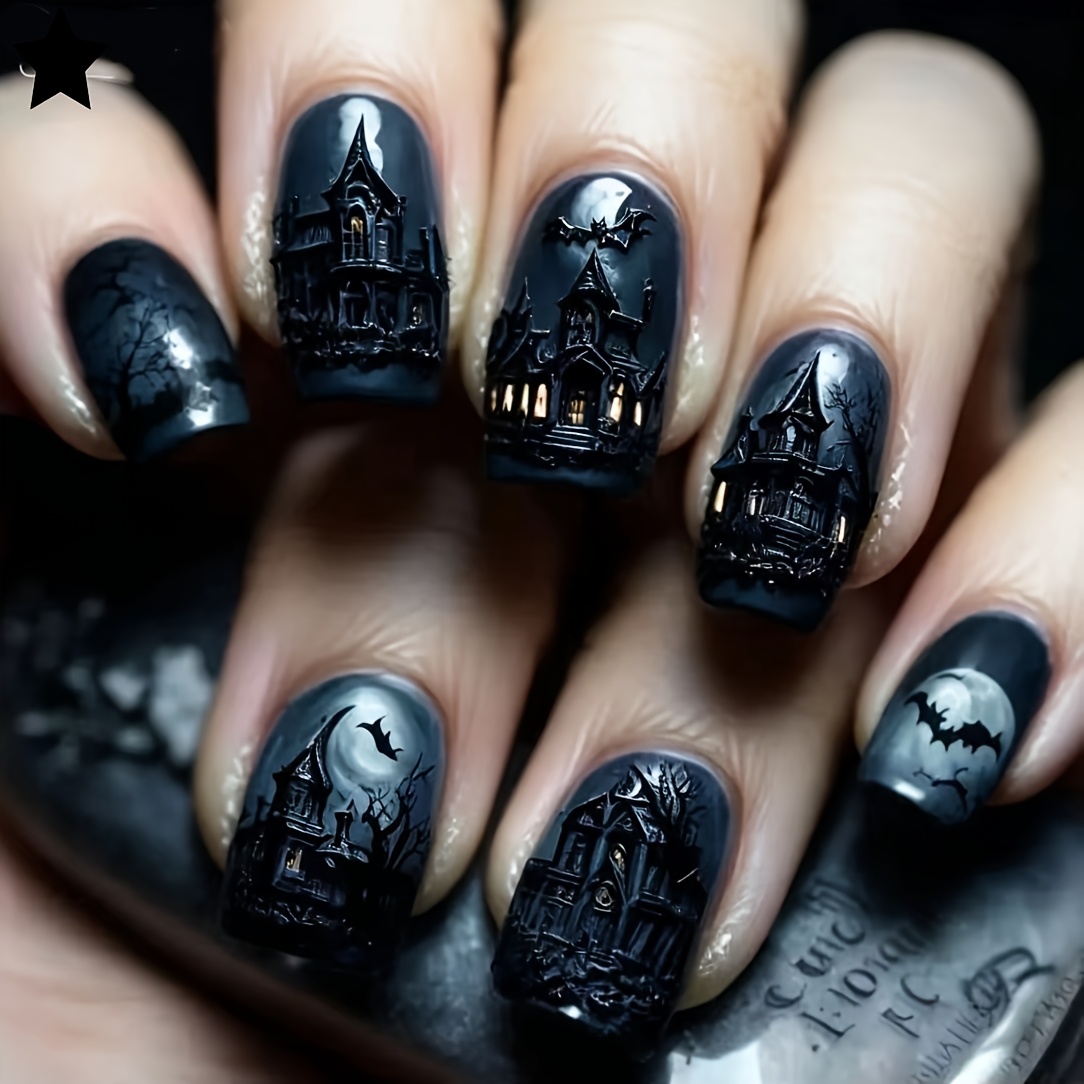 TEMU Ancient Castle Dark Gothic Haunted House Nail Art Bat Moon Hand-painted Niche High-end Wearable Nails