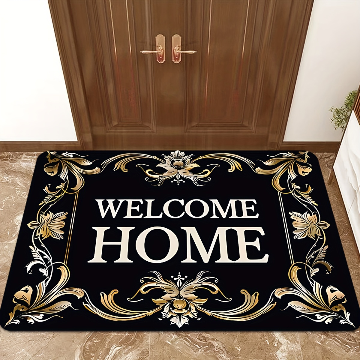 

Welcome Home Monogrammed Entrance Mat - Non-slip, Stain Resistant Polyester Rug With Sponge Backing For Indoor/outdoor Use, Quick Dry & Easy Clean, Best For Christmas, Thanksgiving