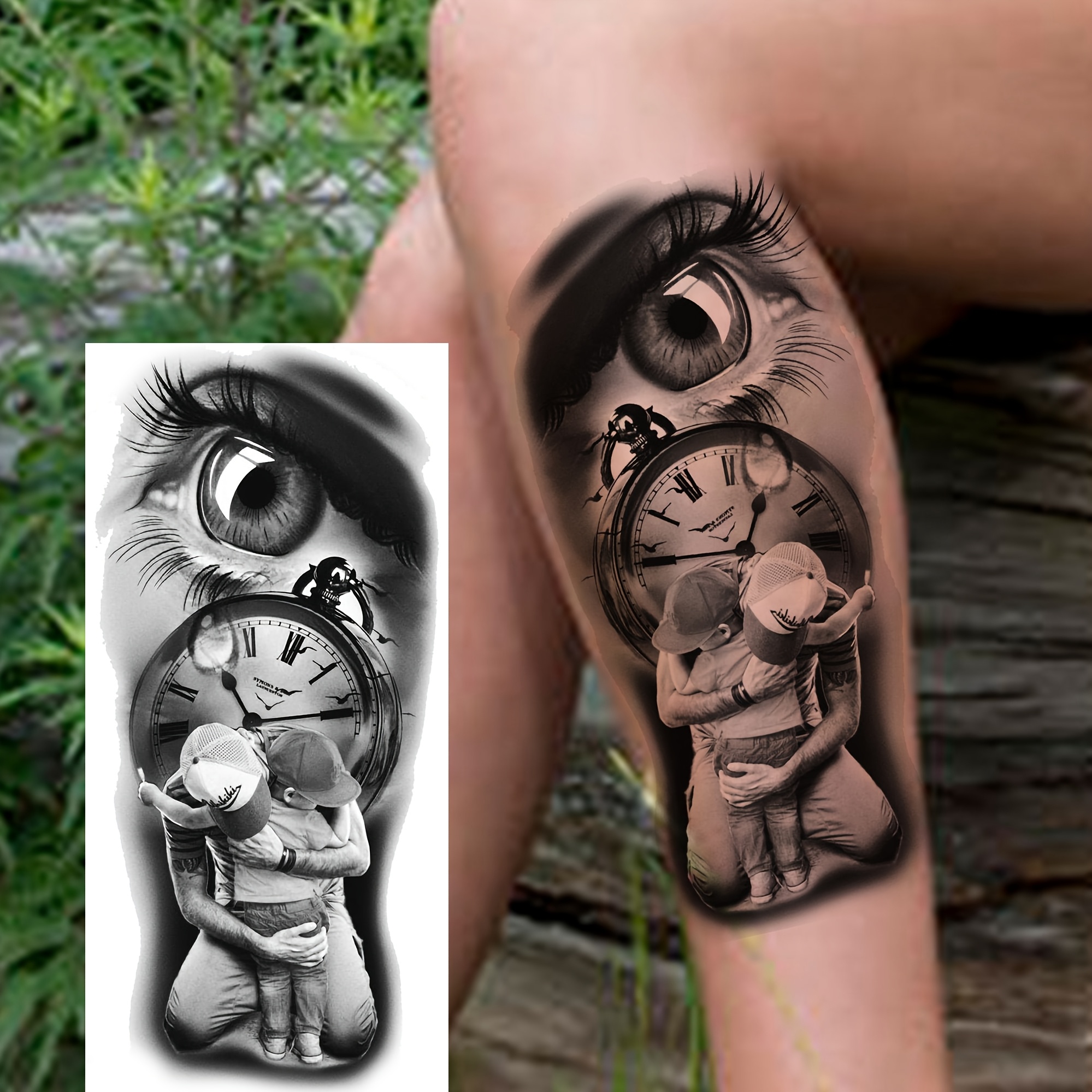 1 Sheet Realistic Waterproof Temporary Tattoos Suitable For - Long Lasting Fake Tattoo Stickers With Clock Face, Hands & Thigh/calf Designs For Parties, Festivals, Swimming - Application For Adults