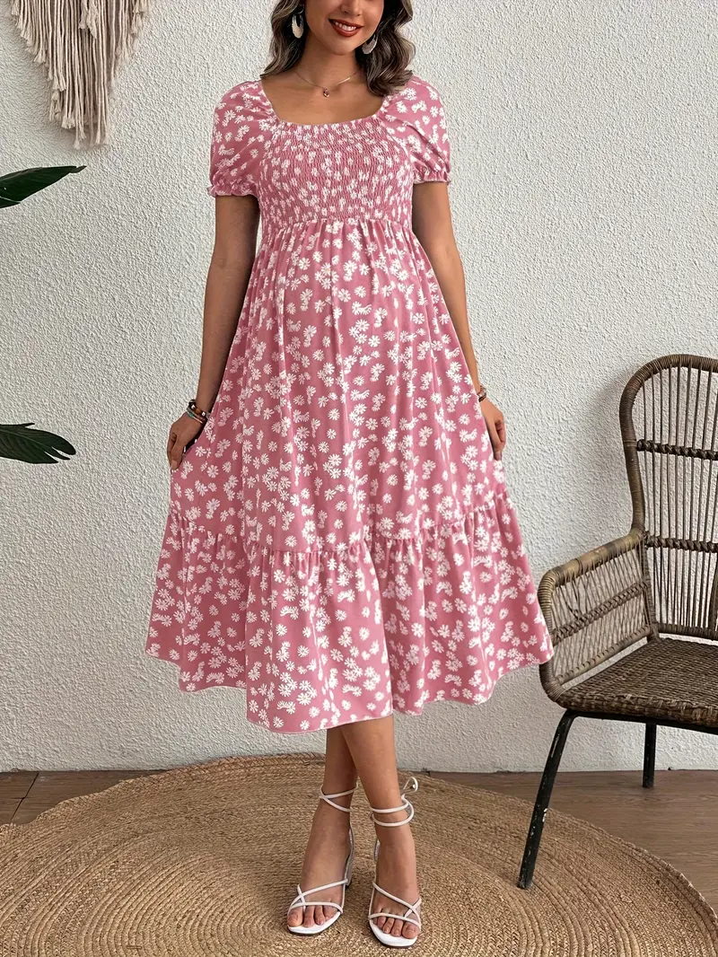 pink floral maternity dress Square Neck Maxi Short Sleeve Summer Dresses With Side Pockets Floral S Polyester/spandex Pink Maternity Dress with Floral