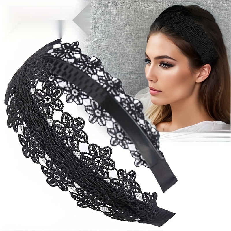 E-shop Elegantes Spitzen-Blumen-Stirnband für Frauen - Breit, Rutschfestes Haaraccessoire mit Zähnen, Vintage-Stil in Einfarbig