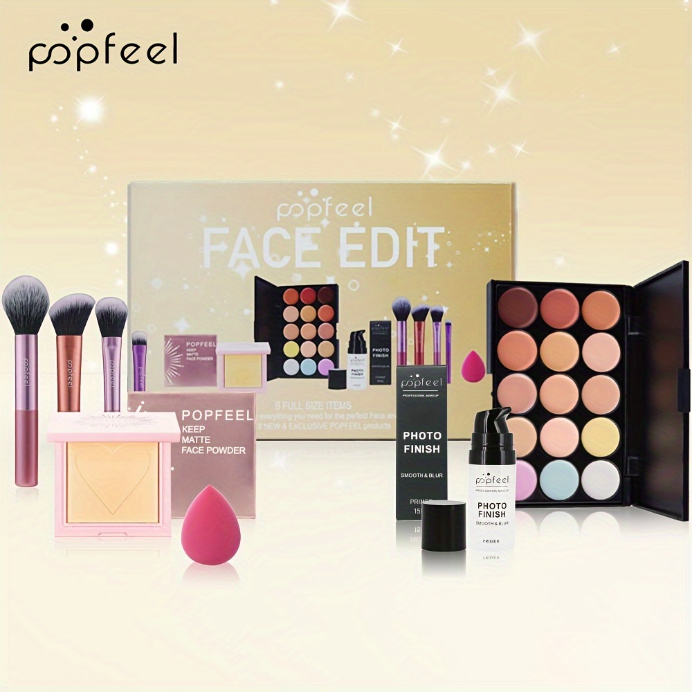 

Kit de Maquillage Complet Popfeel pour le Visage: Correcteur, Fond de Teint & Blush avec Pinceaux - Texture Crémeuse, Multicolore.