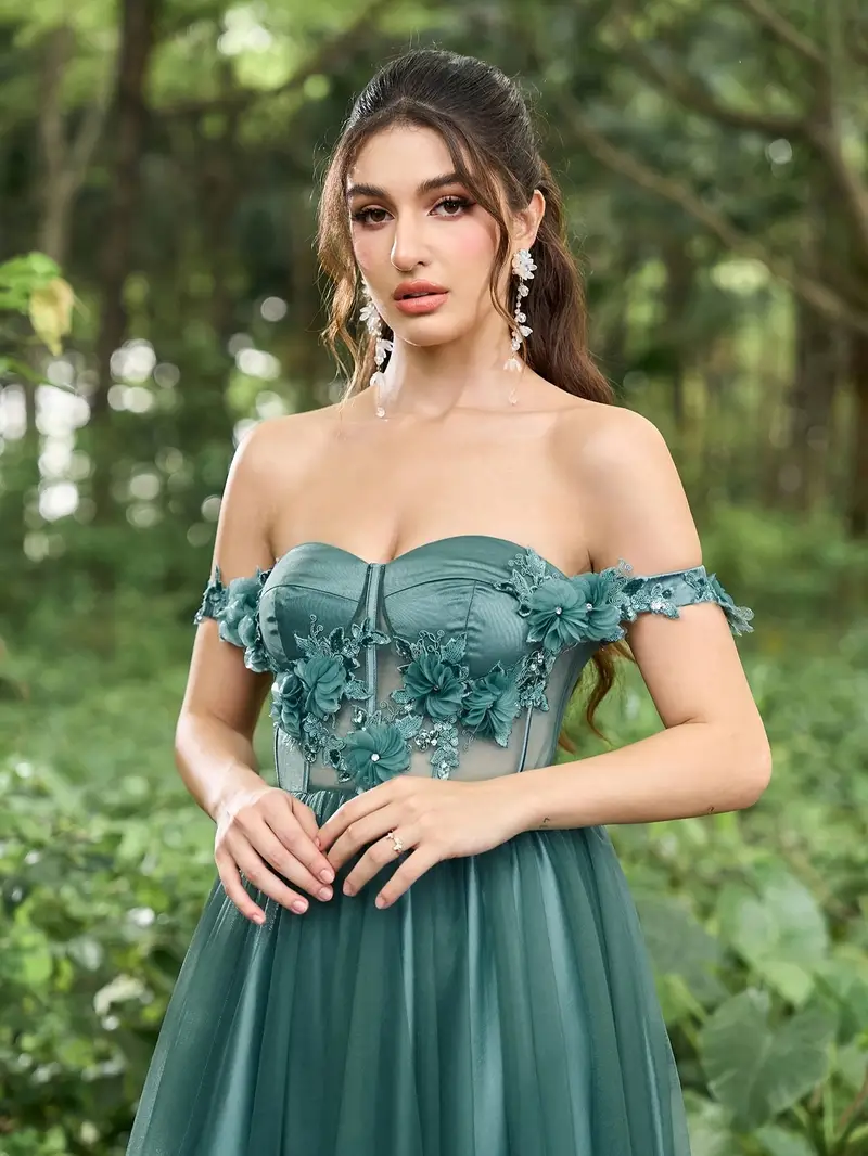 elegant shoulder emerald green gown floral embellishments - Temu Mauritius elegant shoulder emerald green gown floral embellishments - Temu Mauritius