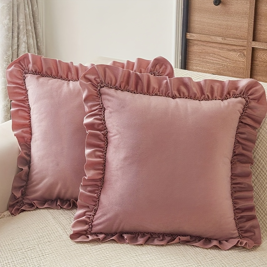 TEMU 2pcs Velvet Pillow Covers With Lace Trim - Mid- Cushion Covers Suitable For Sofa Bed Office, Zipper Closure Solid Color Decorative Sofa Cushion