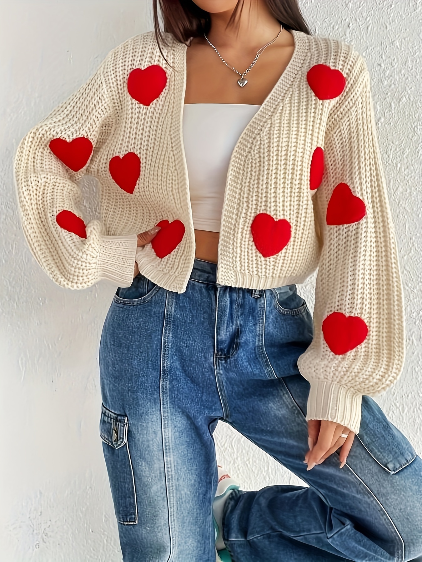 Valentine's Day Heart Pattern Open Front Knit Cardigan - Temu