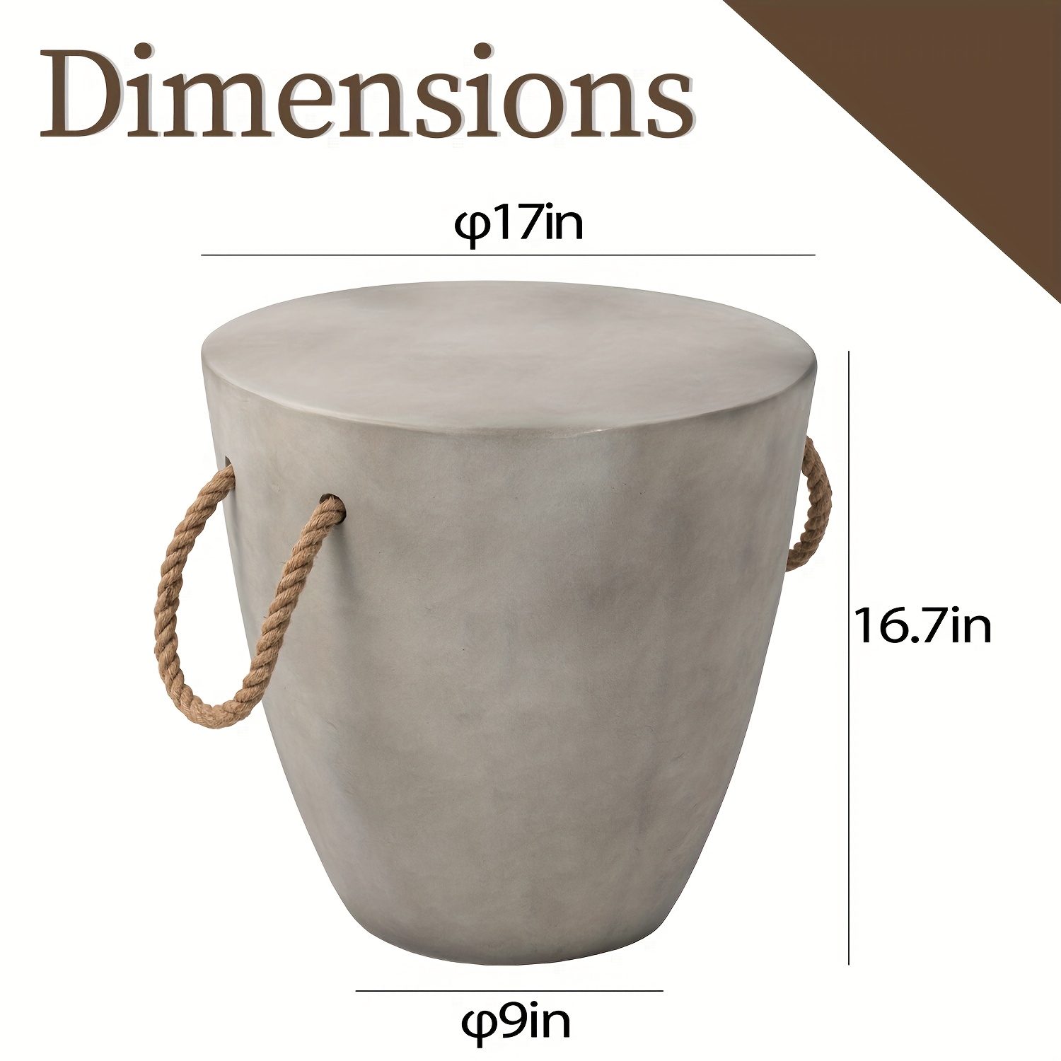 Concrete Outdoor End Table, 17'' Hemp Rope Side Table, Light Gray, Farmhouse Style, Modern Art Patio Side Table, Concrete Garden Stool