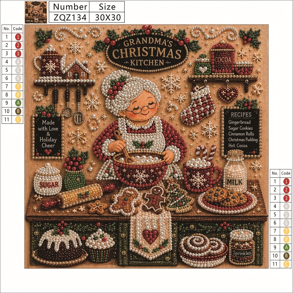 TEMU Retro Christmas Grandma Kitchen Theme Pearl Art Painting, 11.8 X 11.8 Inch Diamond Painting, Gingerbread Man Christmas Room Kitchen Holiday