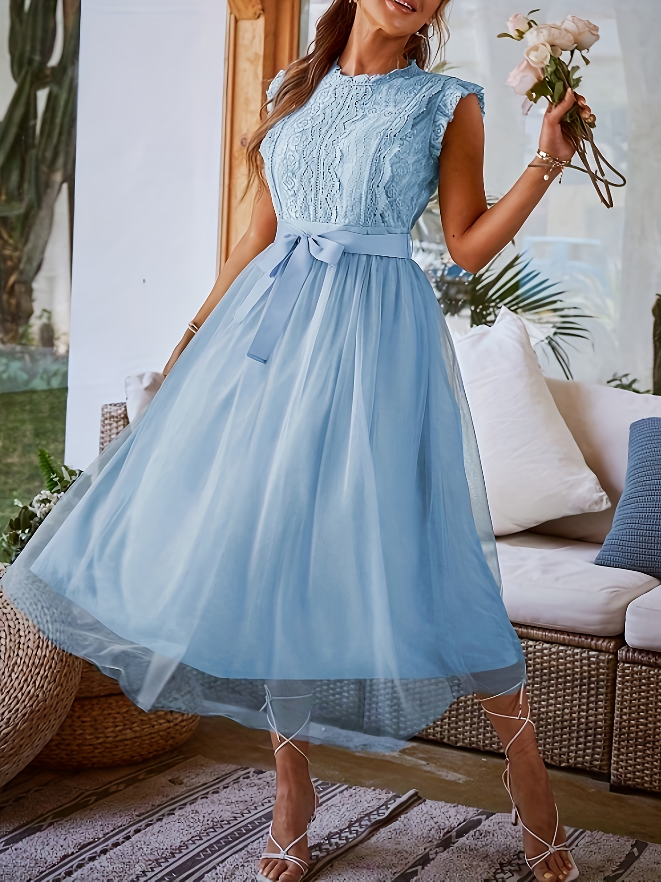 Women's Spring-Summer New Contrast Lace Mesh Spliced Long Sleeveless  Elegant Dress