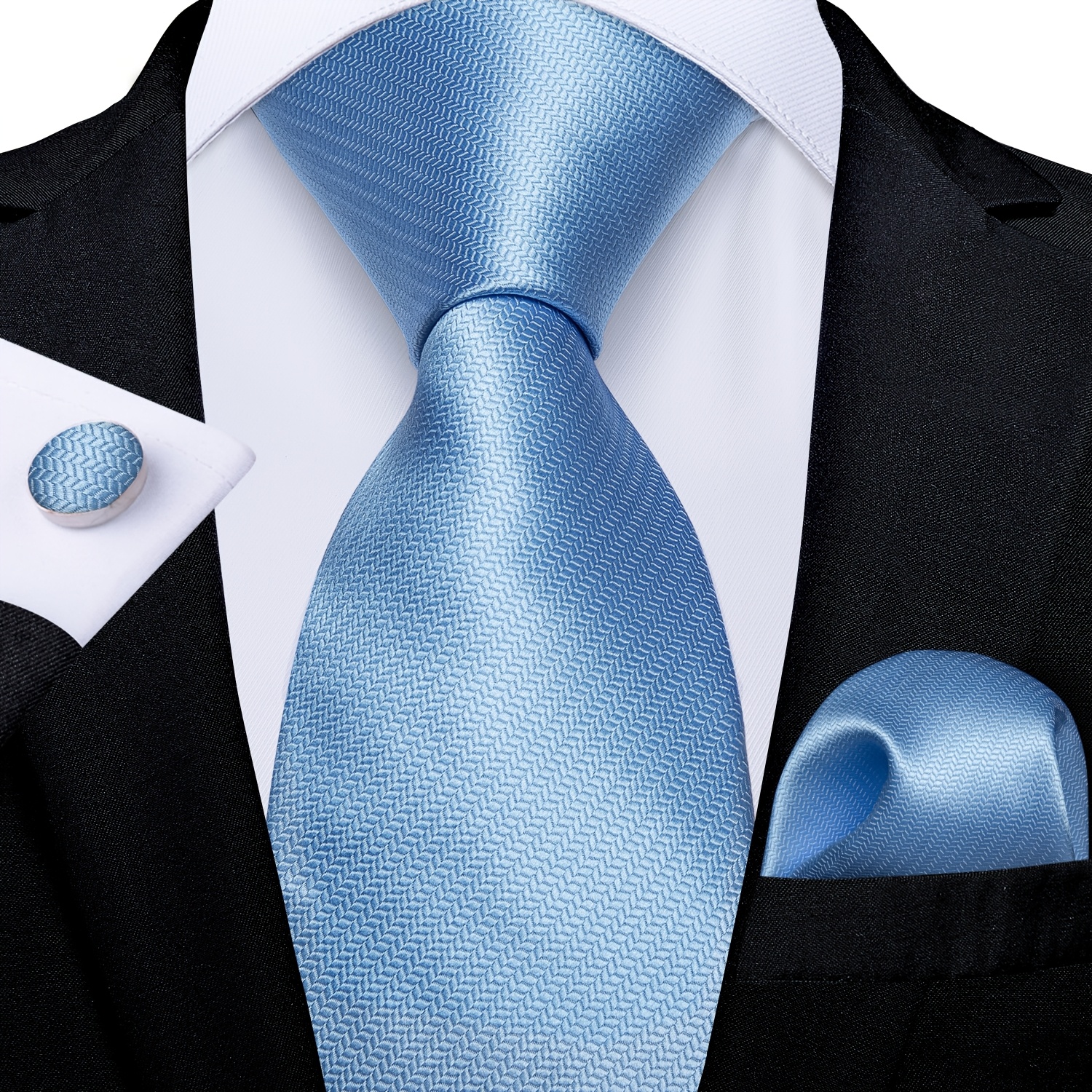 TEMU Elegant Light Blue Herringbone Three-piece Tie Ensemble For Men, Including A Pocket Square And Cufflinks, Perfect For Beach Weddings, Graduation