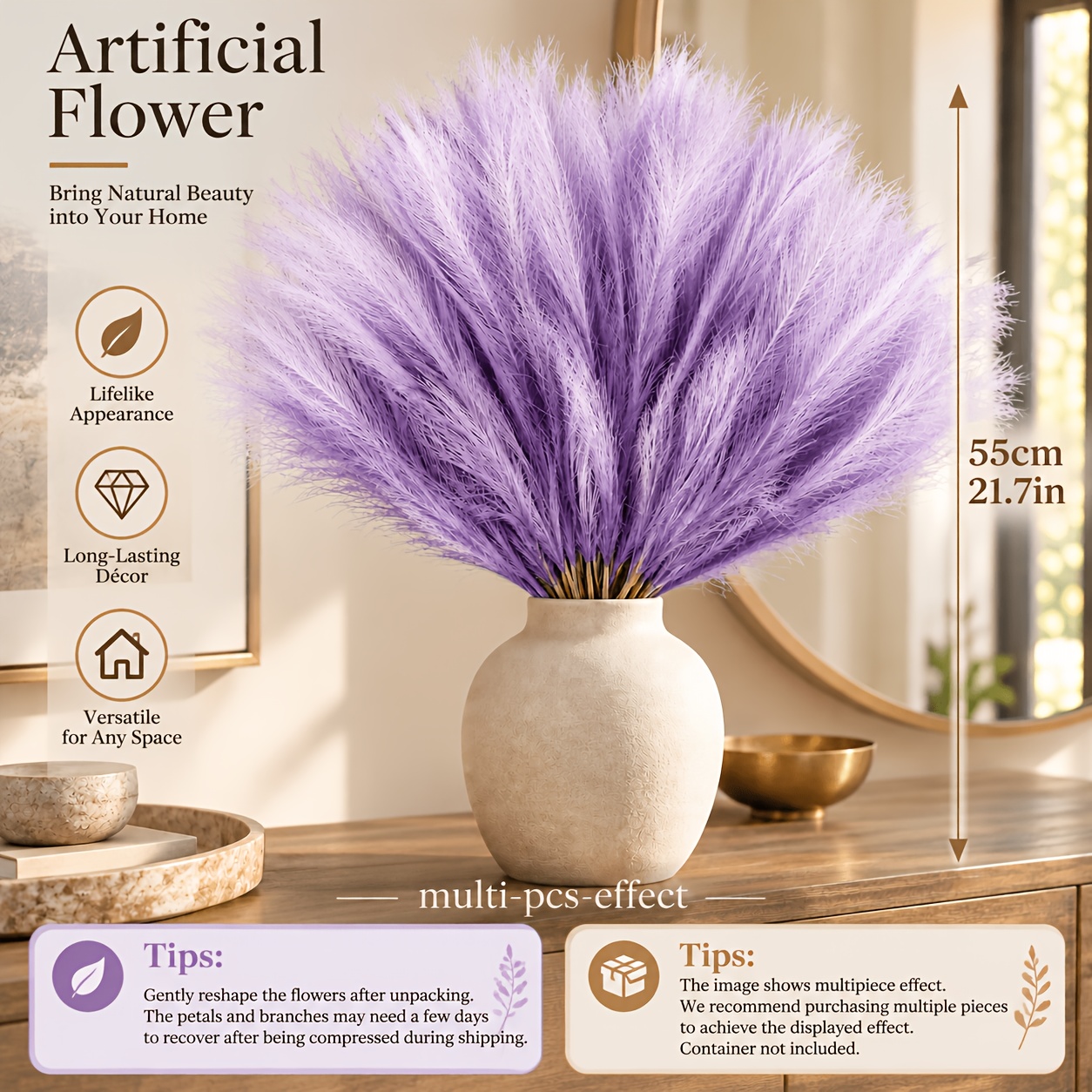 TEMU 19pcs Purple Artificial Pampas Grass, Fluffy Faux Feather Reed Flowers, Boho Home Decor For Vase, Bedroom, Living Room
