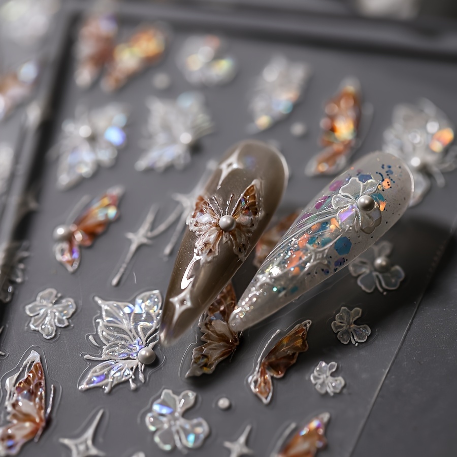 1pc 5d Embossed Amber Nail Sticker With Pearl Accents, Aurora Holographic Design, Retro Self-adhesive Nail Art Decoration For Summer, Nail Art
