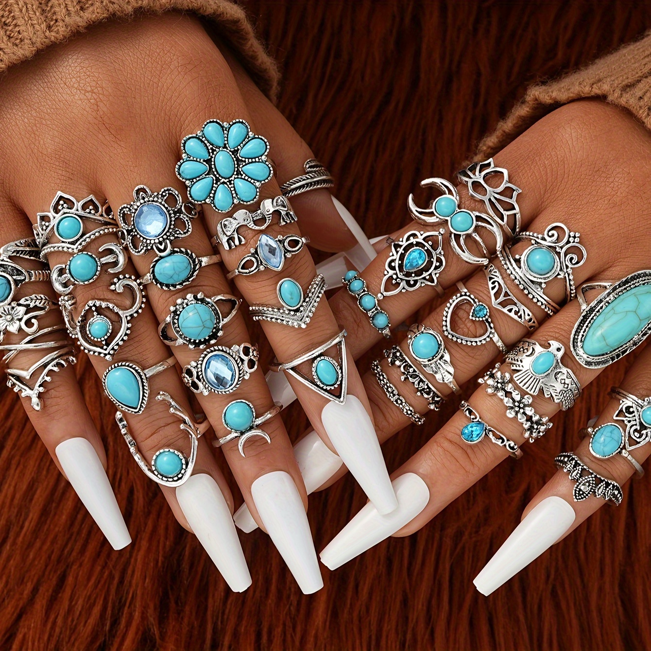 

44-piece Boho Ring Set - Zinc Alloy, Perfect For Daily Wear & Parties Turquoise Jewelry Set