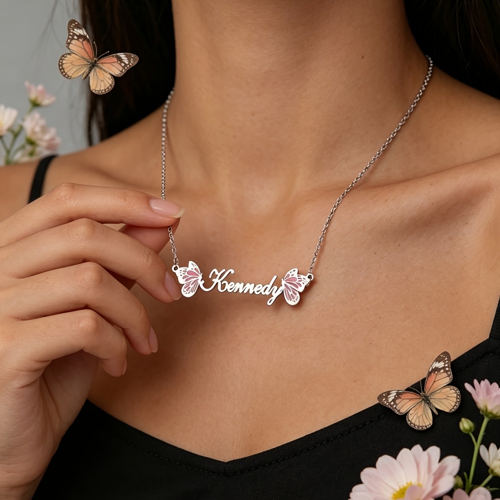 Custom Name Golden Colorful Butterfly Necklace, Personalized