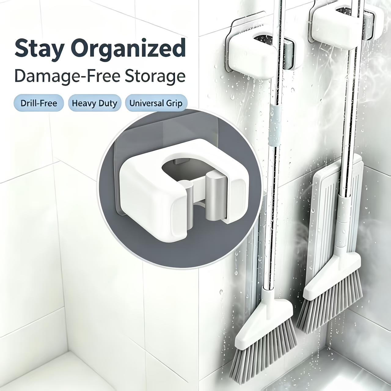 TEMU Set Of 4pcs: + 2 Damage-free Adhesive Pads, No-drill Wall-mounted Mop And Broom Holder - Heavy-duty Plastic Mop Storage Clips And Broom Hooks,