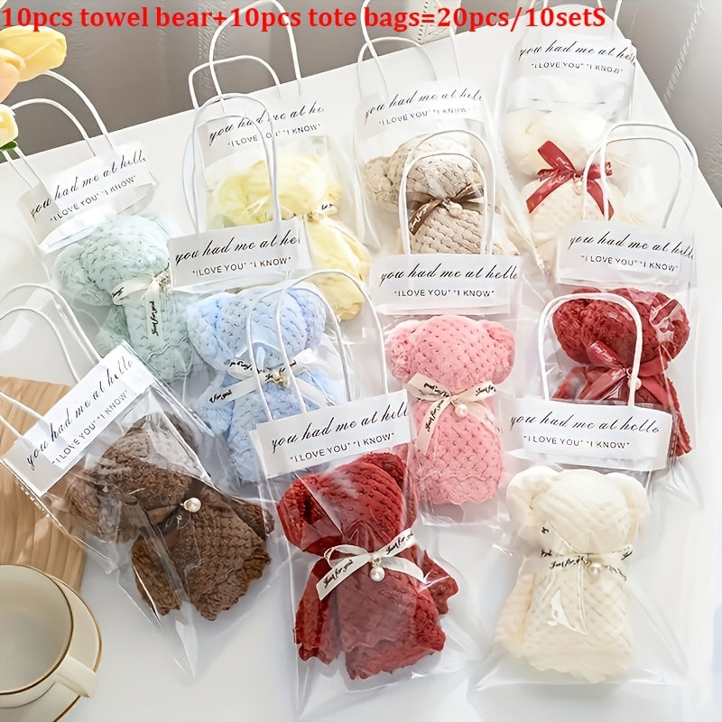 

20pcs Polyester Bear Towels, Adorable Plush Teddy , Non-electric, Featherless, With Clear Gift Bags For Wedding, Birthday, Mother's Day & Christmas Party Favors, Appropriate For 14+