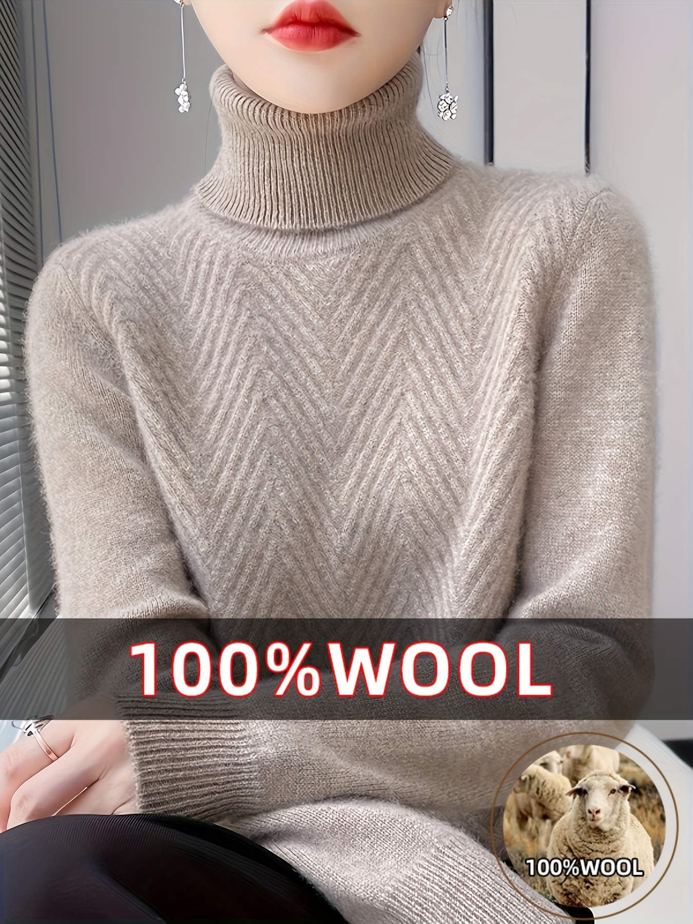 Suéter de Cuello para Mujer 100% Lana Larga Gruesa para Invierno, Sin  Abrigo de Lana Lavable a Capa Elegante y