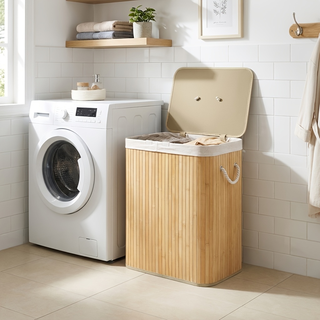 TEMU Panier à linge en bambou 120 avec couvercle - Panier pliable à 2 compartiments adapté pour chambre, salle de bain ou buanderie, sacs doublures